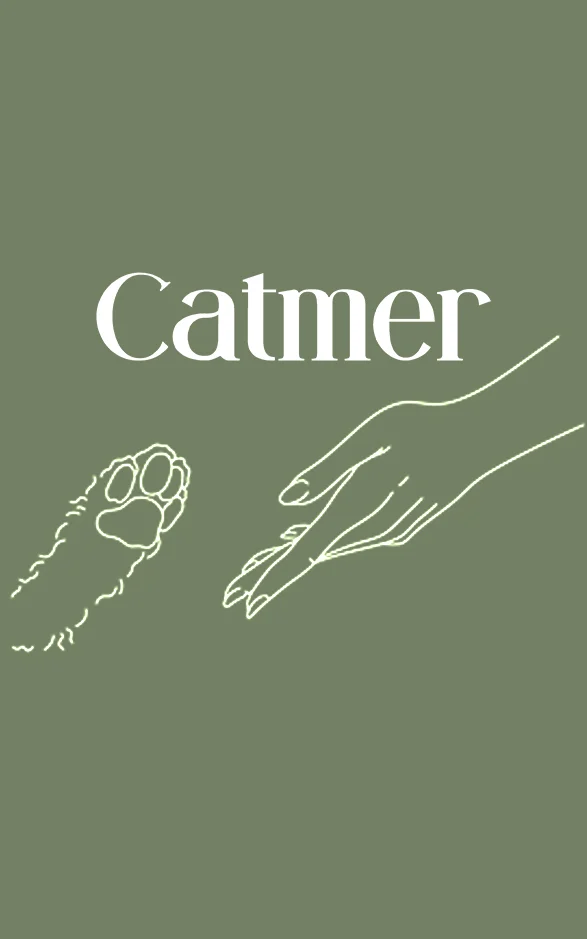 Sage-green Catmer card face with a cat paw and human hand line drawing.