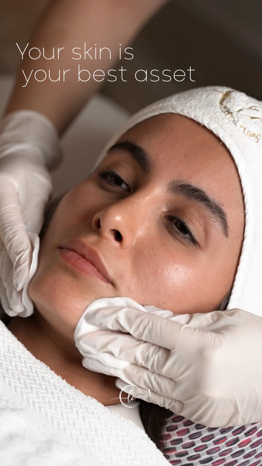 Gentle facial-treatment scene with “Your skin is your best asset” copy.