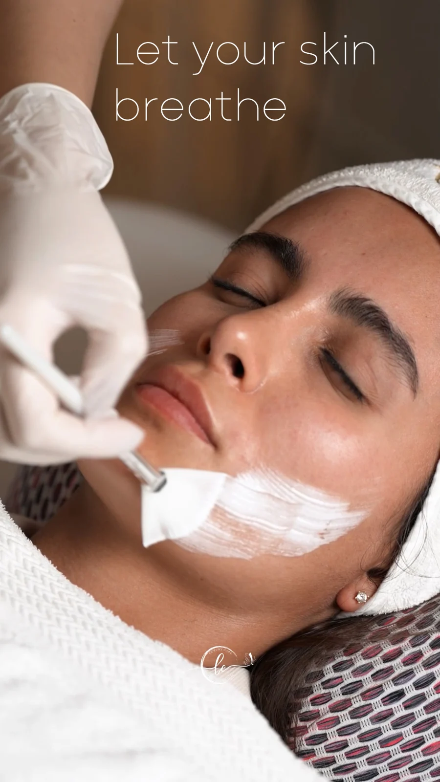 Facial mask application with “Let your skin breathe” headline.