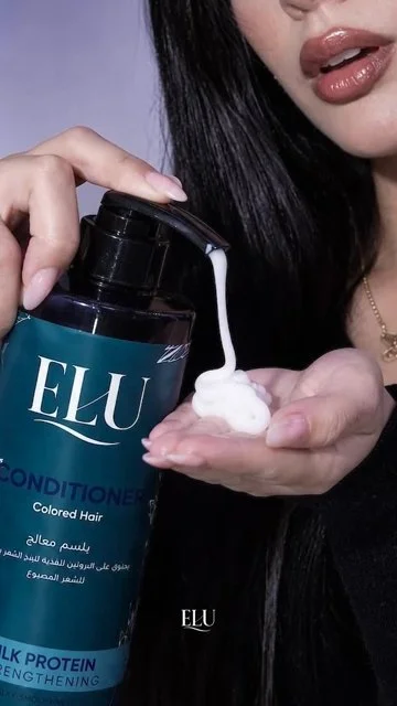 Blue/violet lighting, model portraits and conditioner close-up.