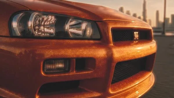 Landscape orange sports-car detailing/wrapping sequence and city driving with Seven branding.